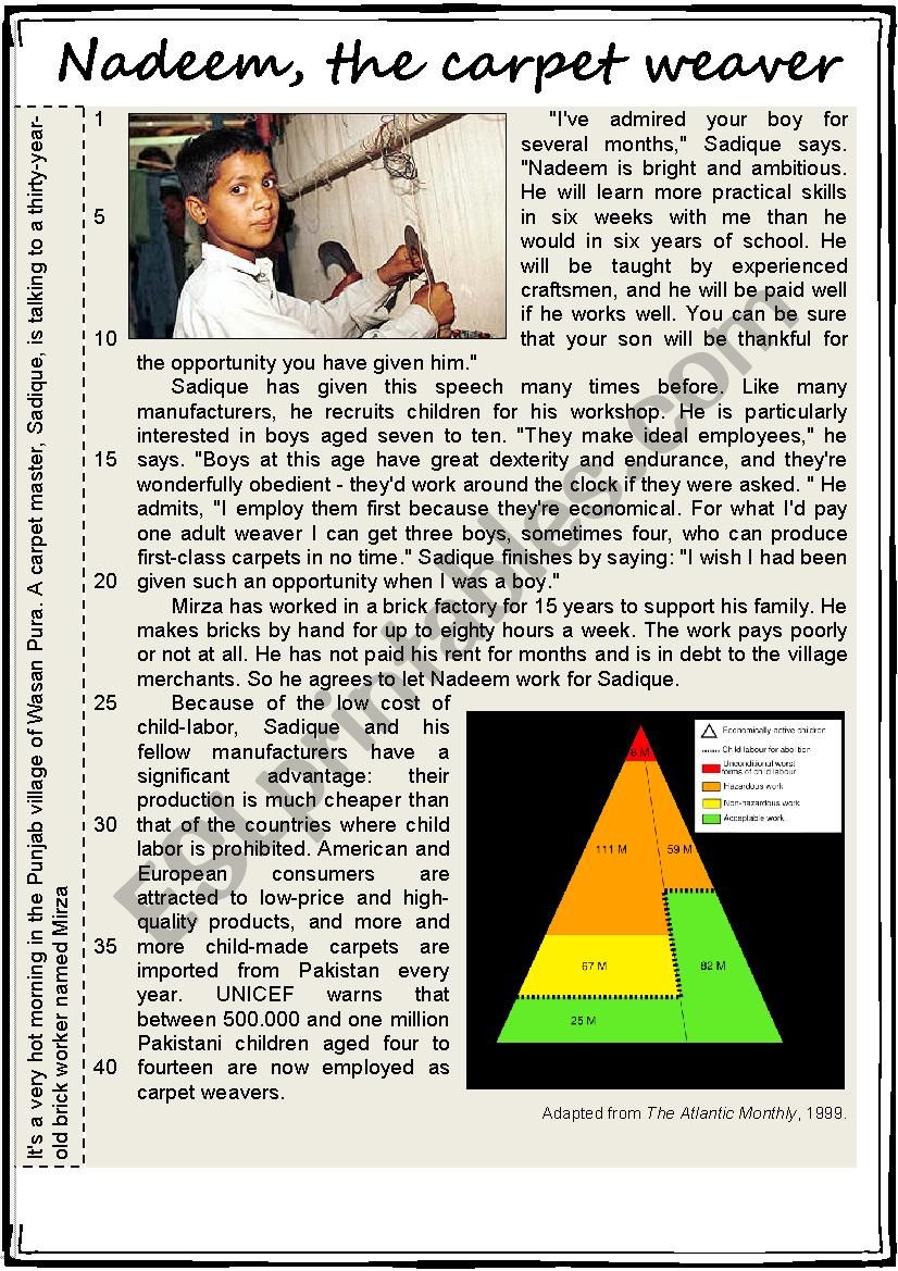 CHILD LABOUR.  Nadeem the carpet weaver. Comprehension + writing and debating.