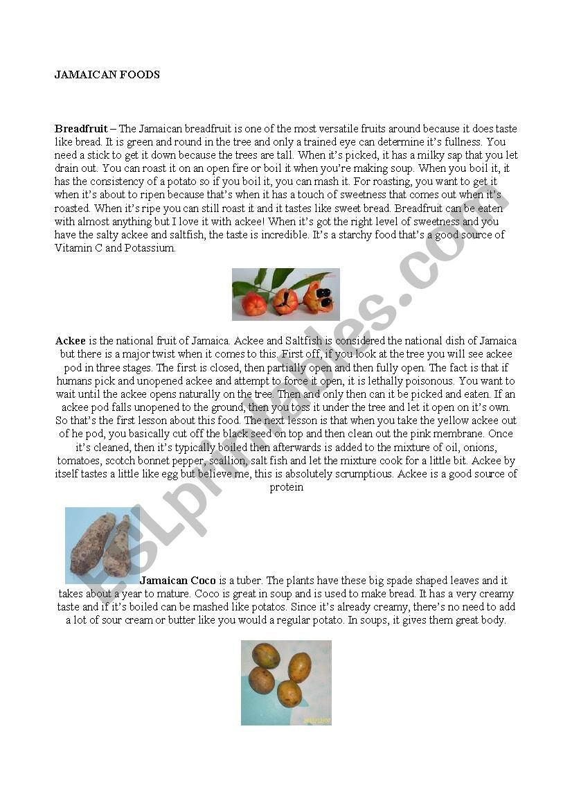 Jamaican Foods worksheet