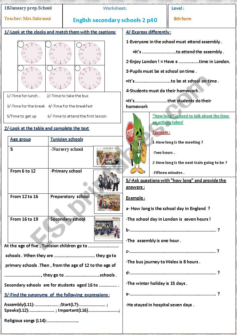 English secondary schools 2 worksheet