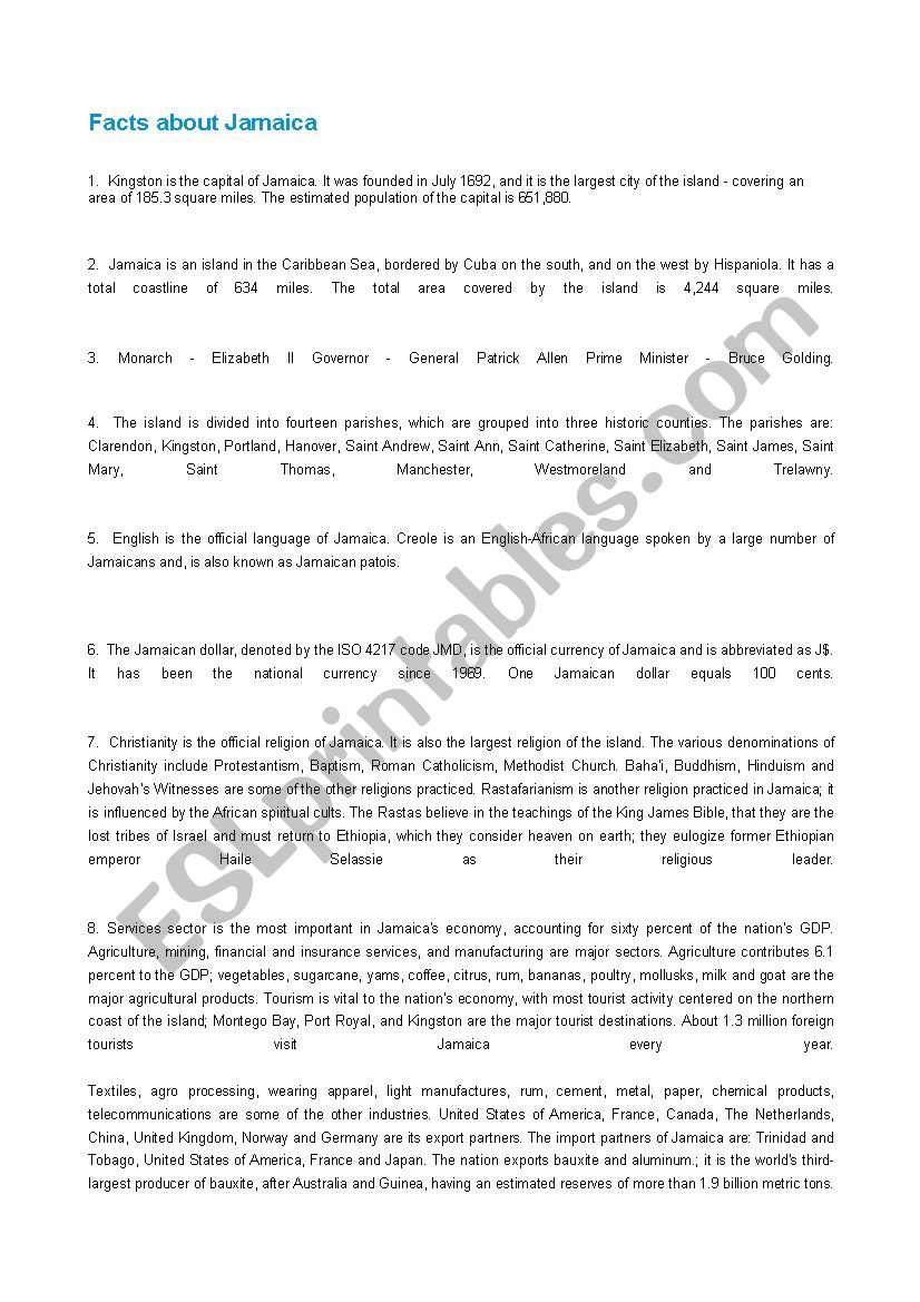 Facts about Jamaica worksheet