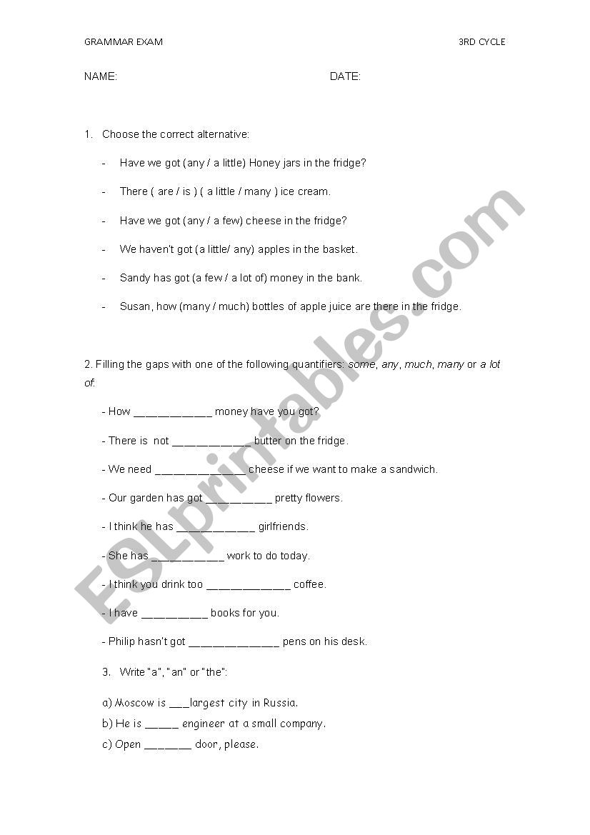 Quantifiers exam worksheet