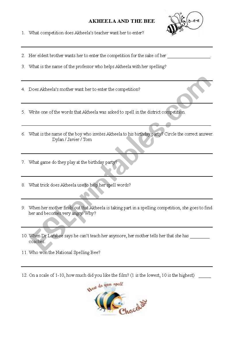 Akheela and the Bee Worksheet worksheet