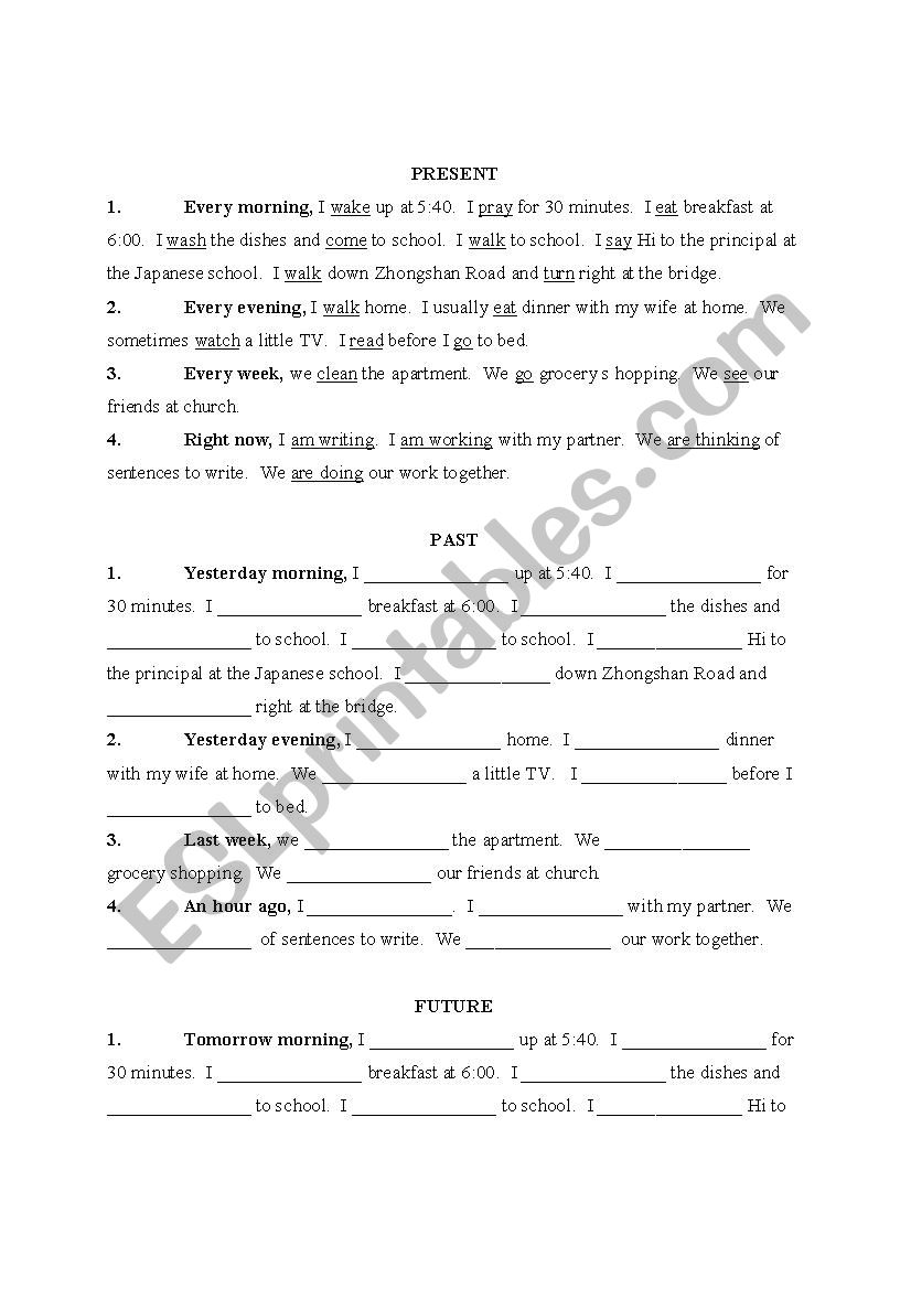 Past, Present, Future Review worksheet