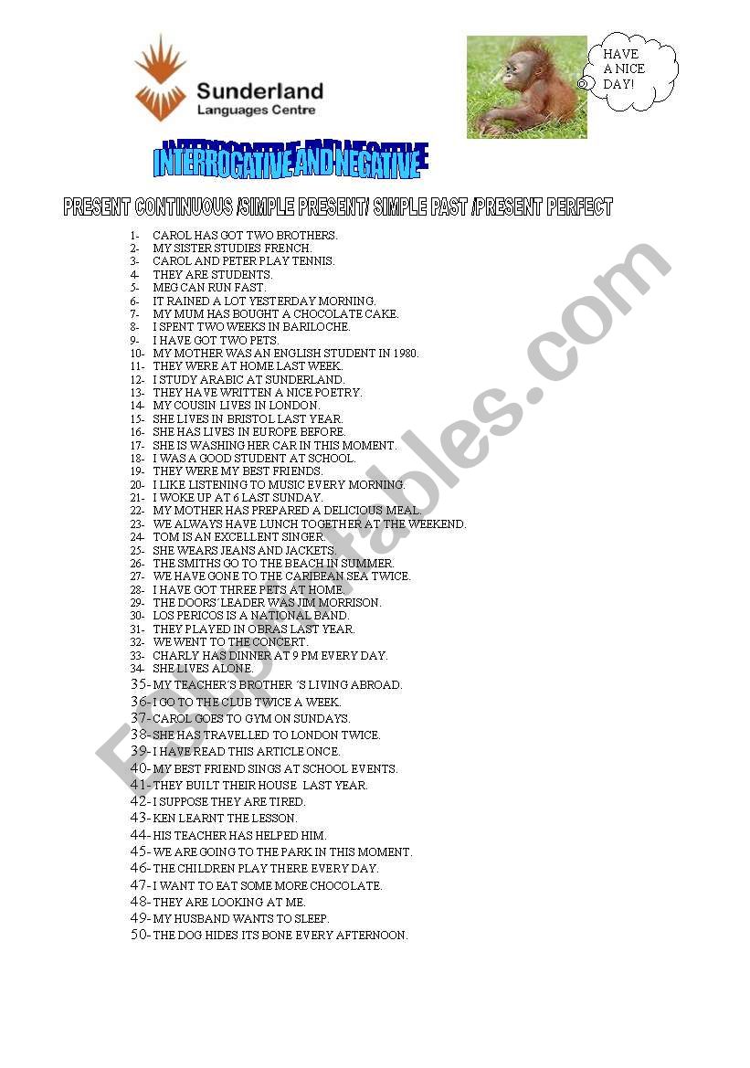 INTERROGATIVE AND N EGATIVE worksheet