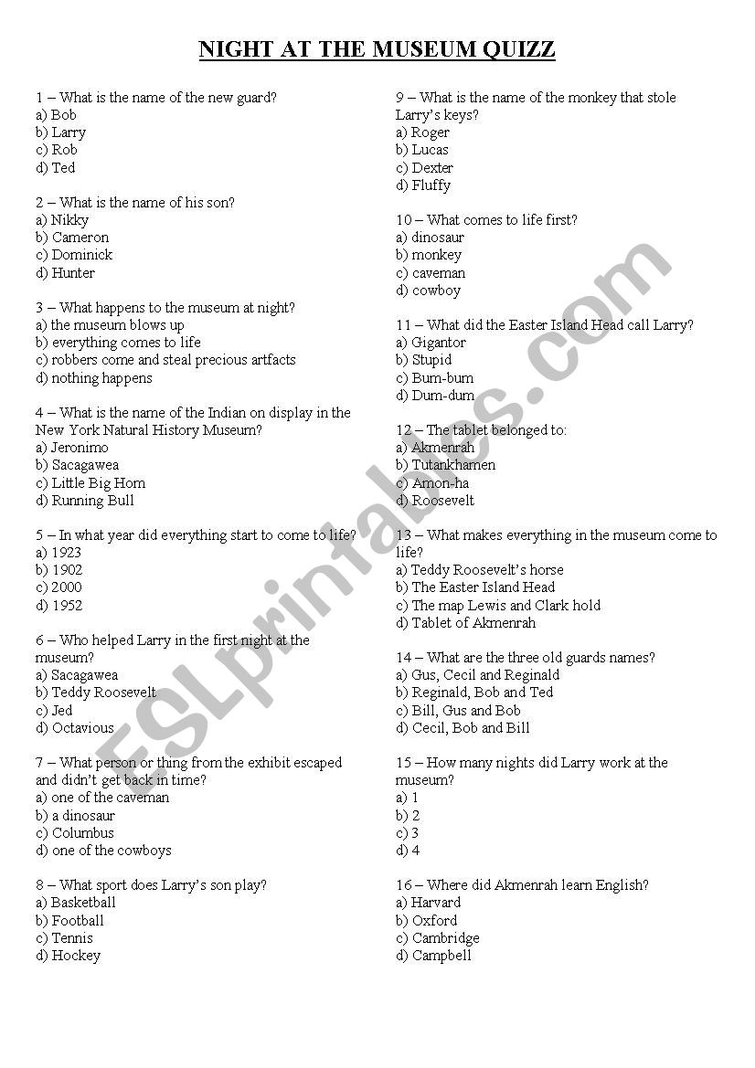 Night at the museum 1 - Quizz worksheet