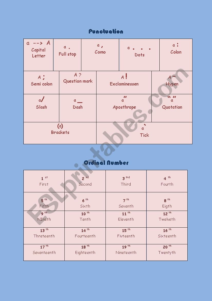 Find out Punctuation, Ordinal Number, Shape and Line, Direction.