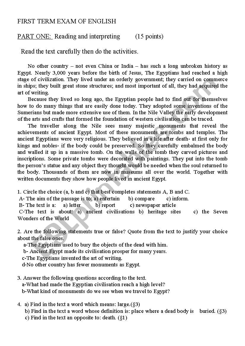  the first term exam of english