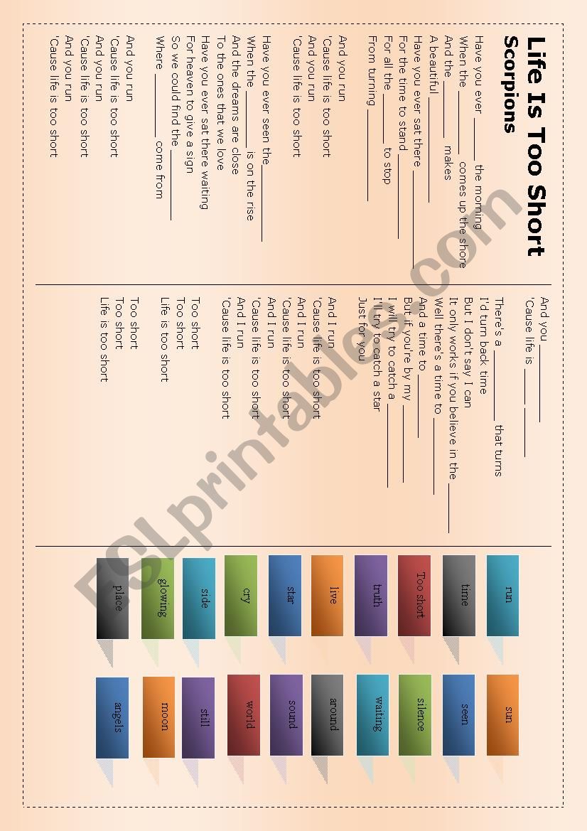LIFE IS TOO SHORT - SCORPIONS worksheet