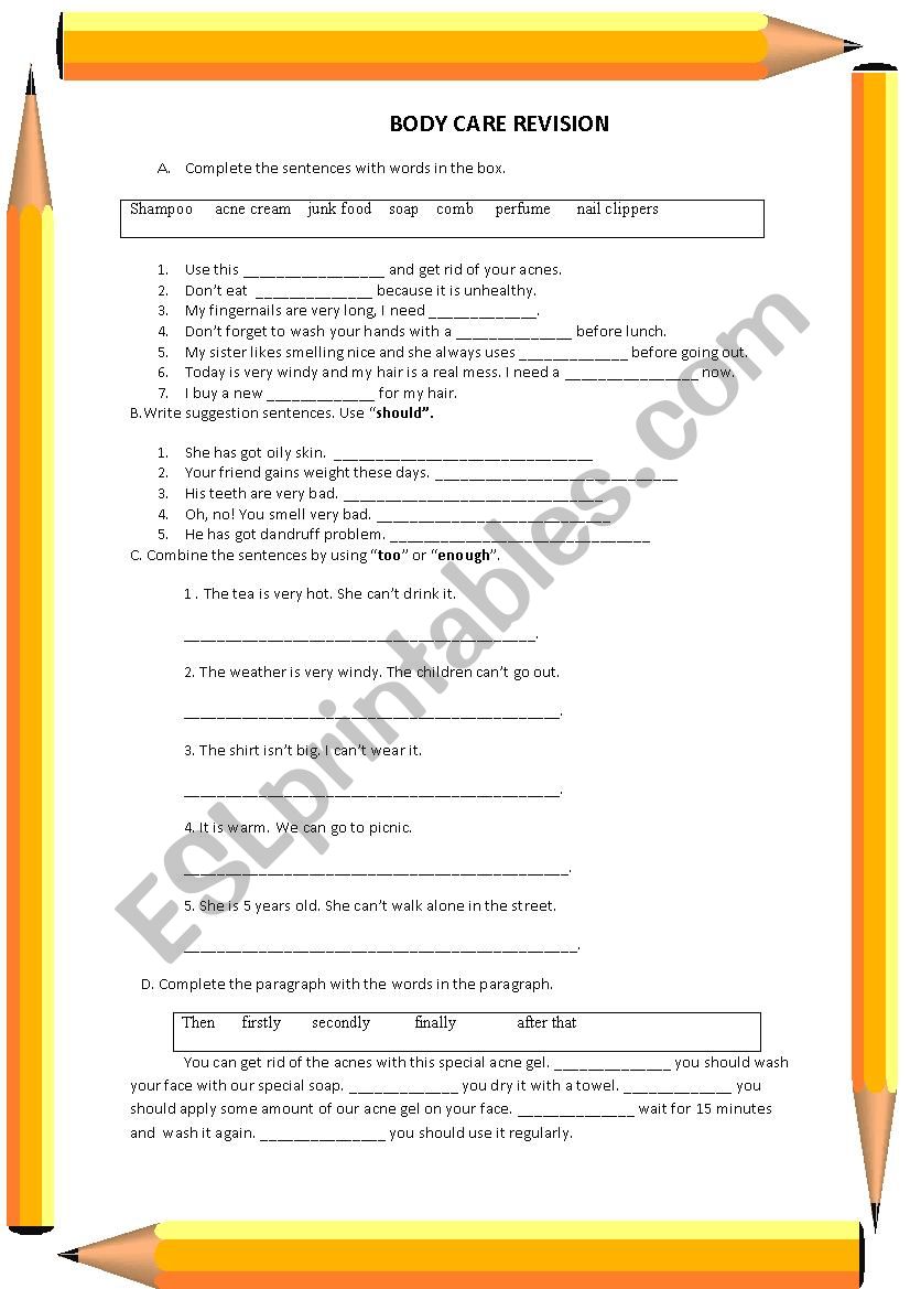 Body Care Revision worksheet