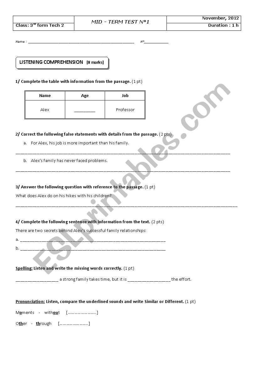 Third form Test worksheet