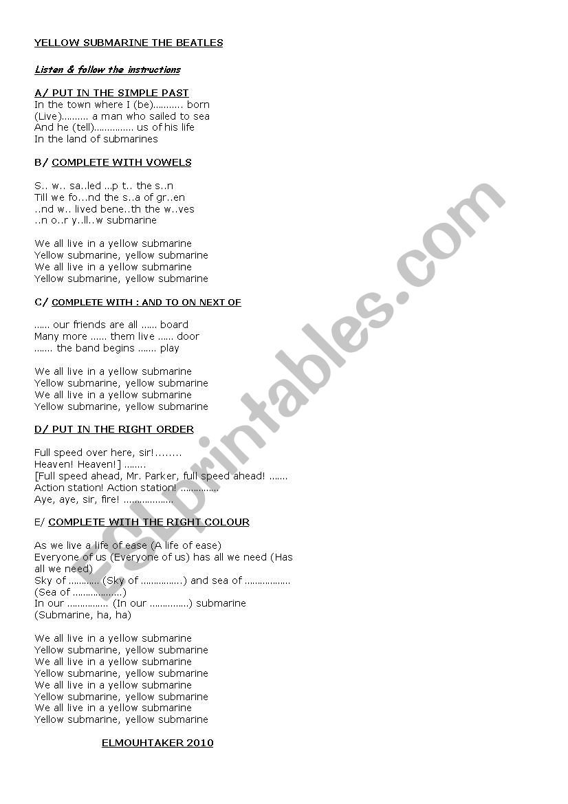Yellow submarine by the beatles a multi task worksheet with fun