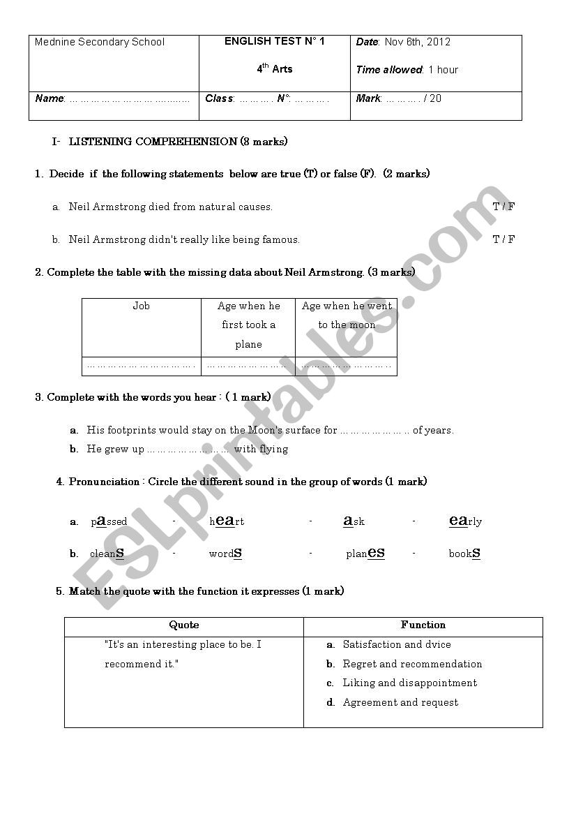 mid term test 1, 2nd + 4th Arts