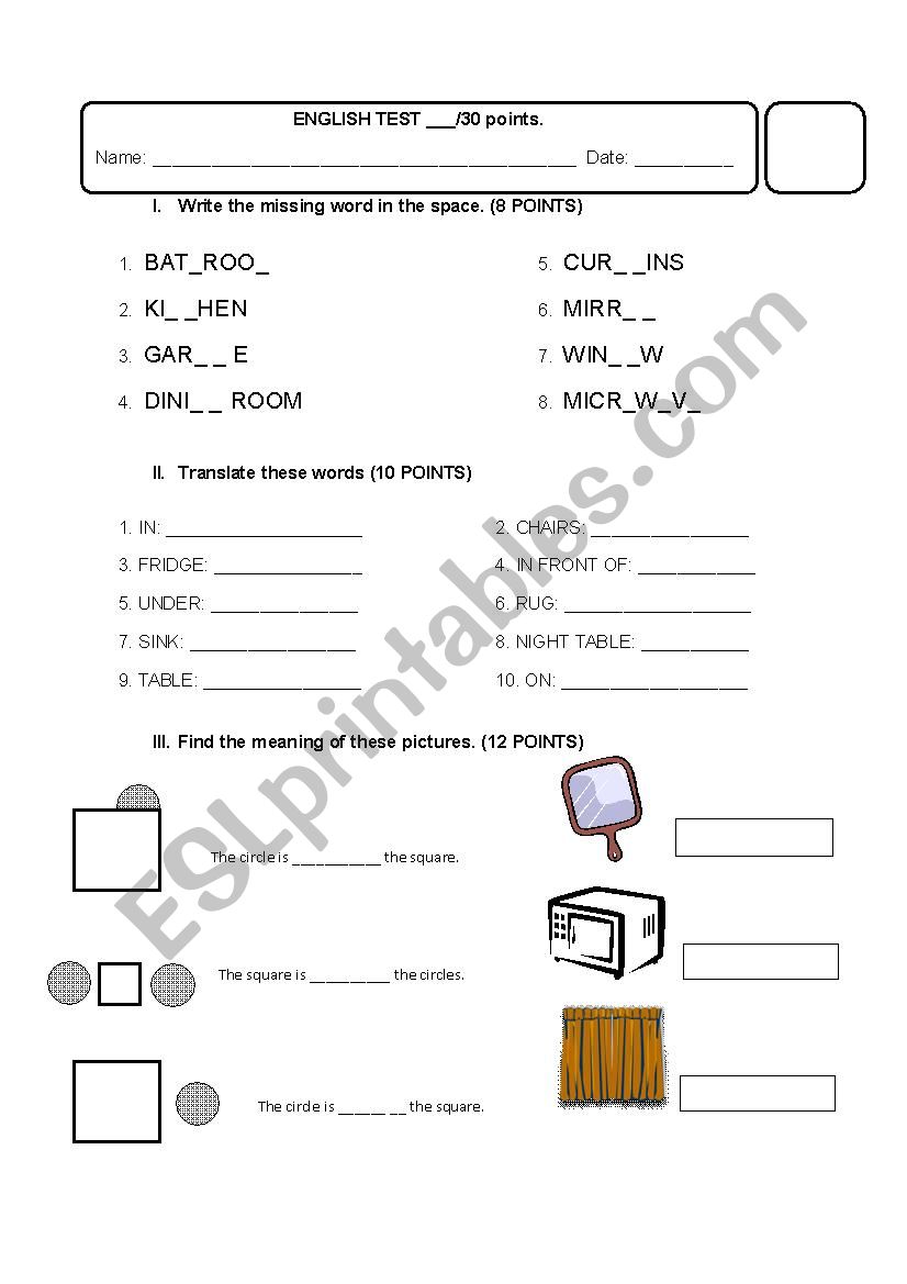 Food short Test worksheet