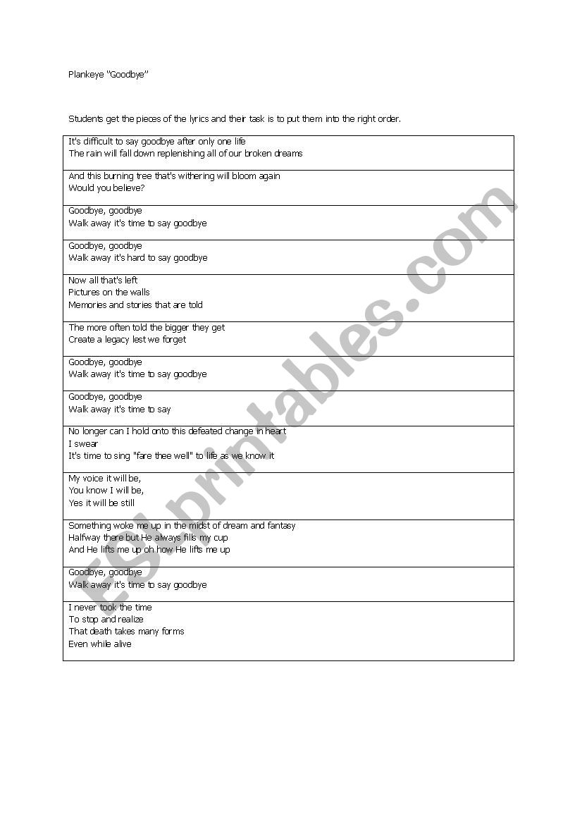 Plankeye Goodbye worksheet