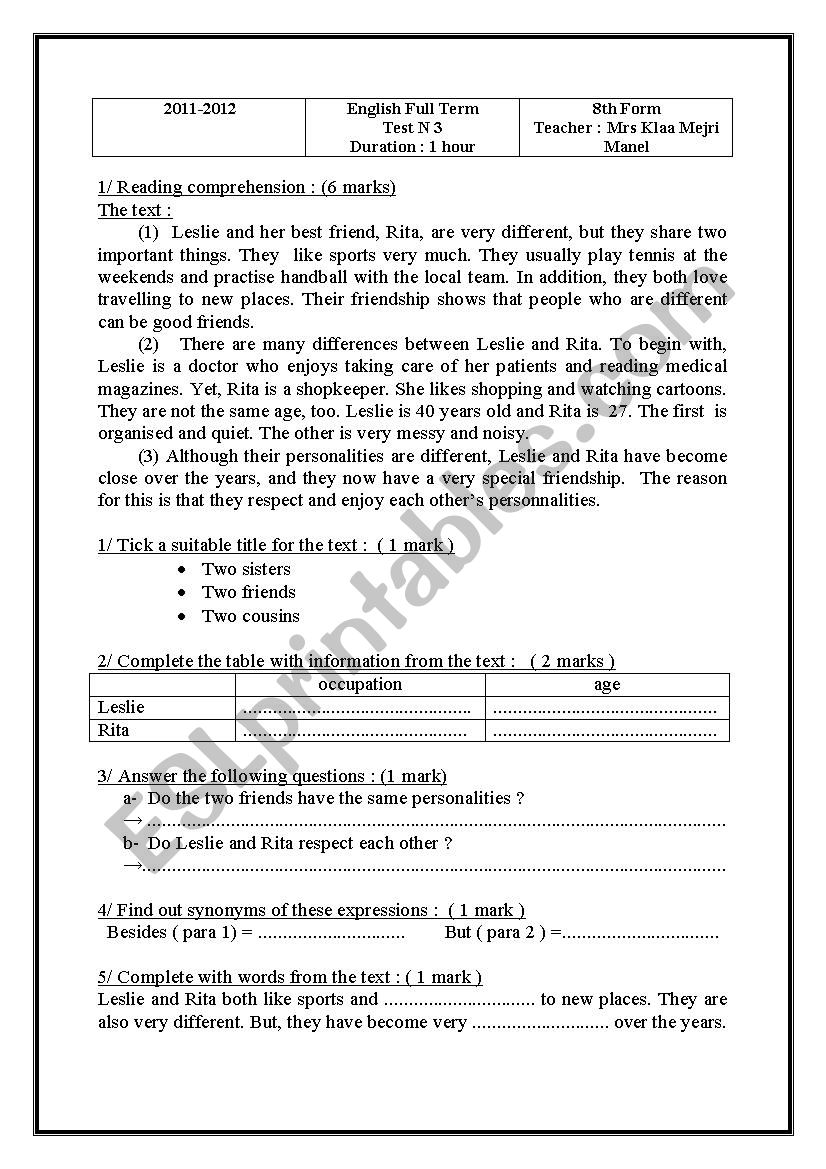 full term test N 3 8th form Tunisia