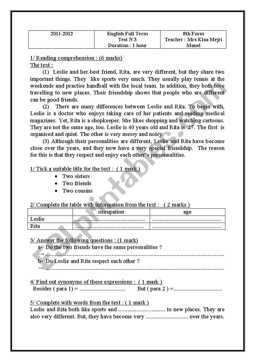 full term test N 3 8th form Tunisia