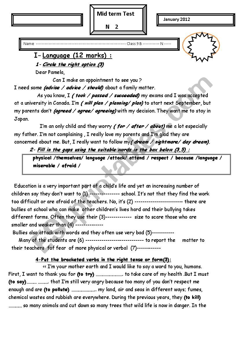  mid term test 2  9th grade  worksheet