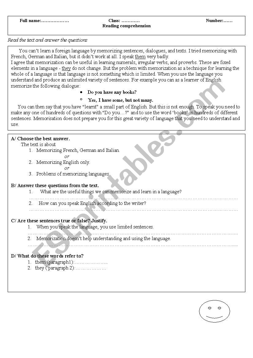 Reading Comprehension worksheet