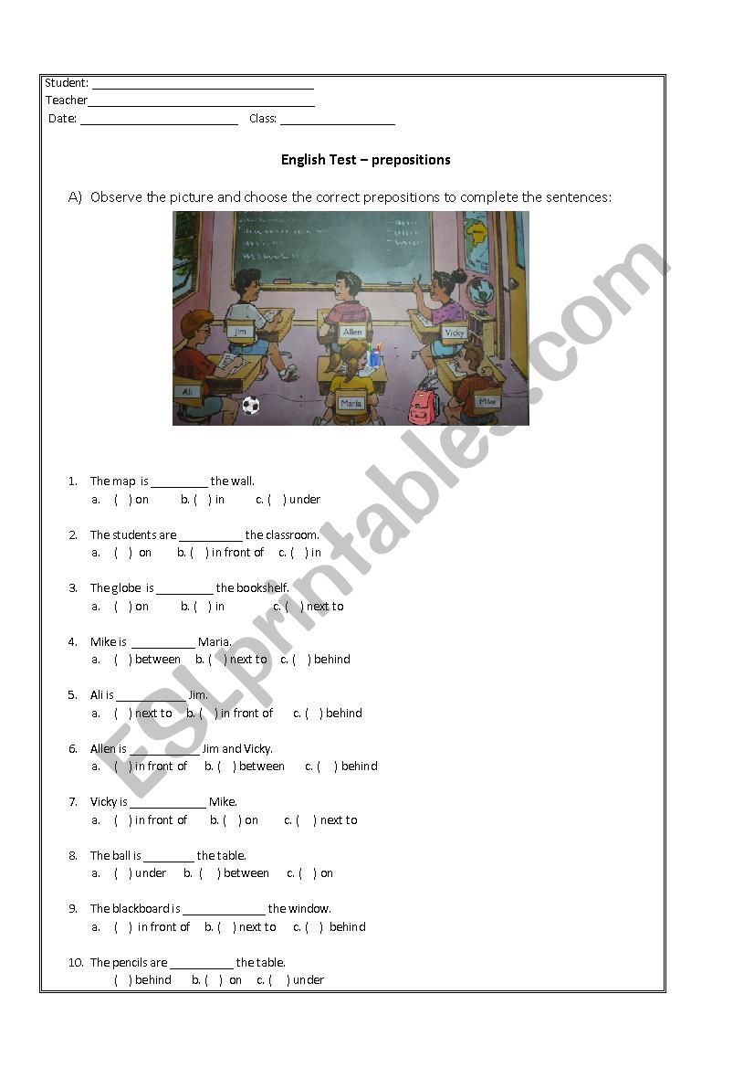 Prepositions test worksheet