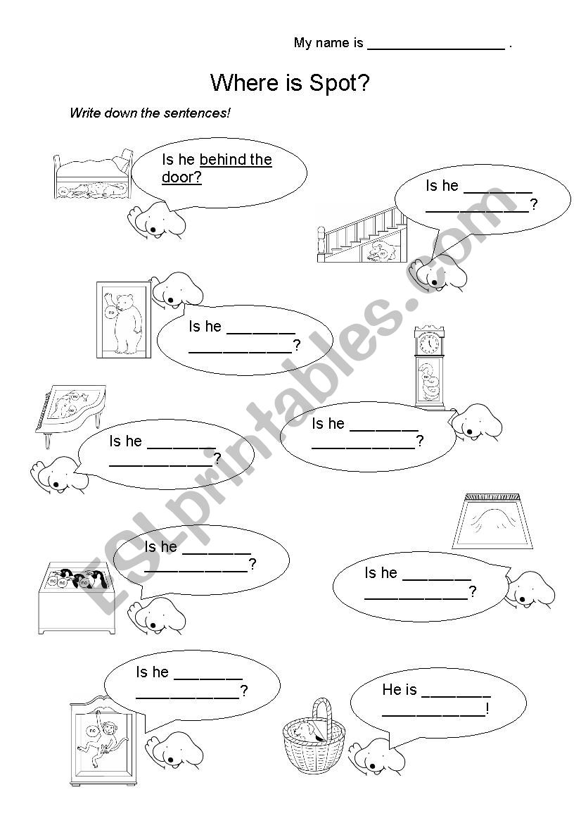 Where is Spot? (prepositions) worksheet