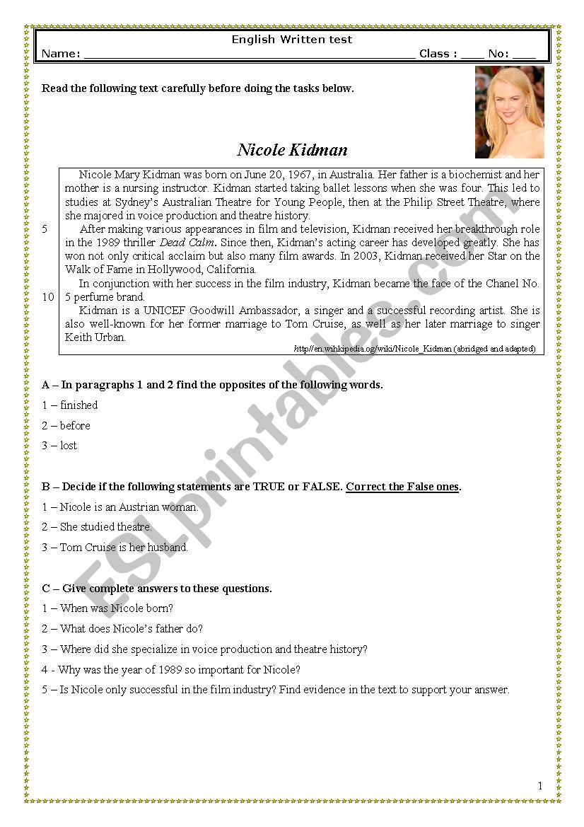 Test (10th grade â€“ vocational courses) Nicole Kidman  