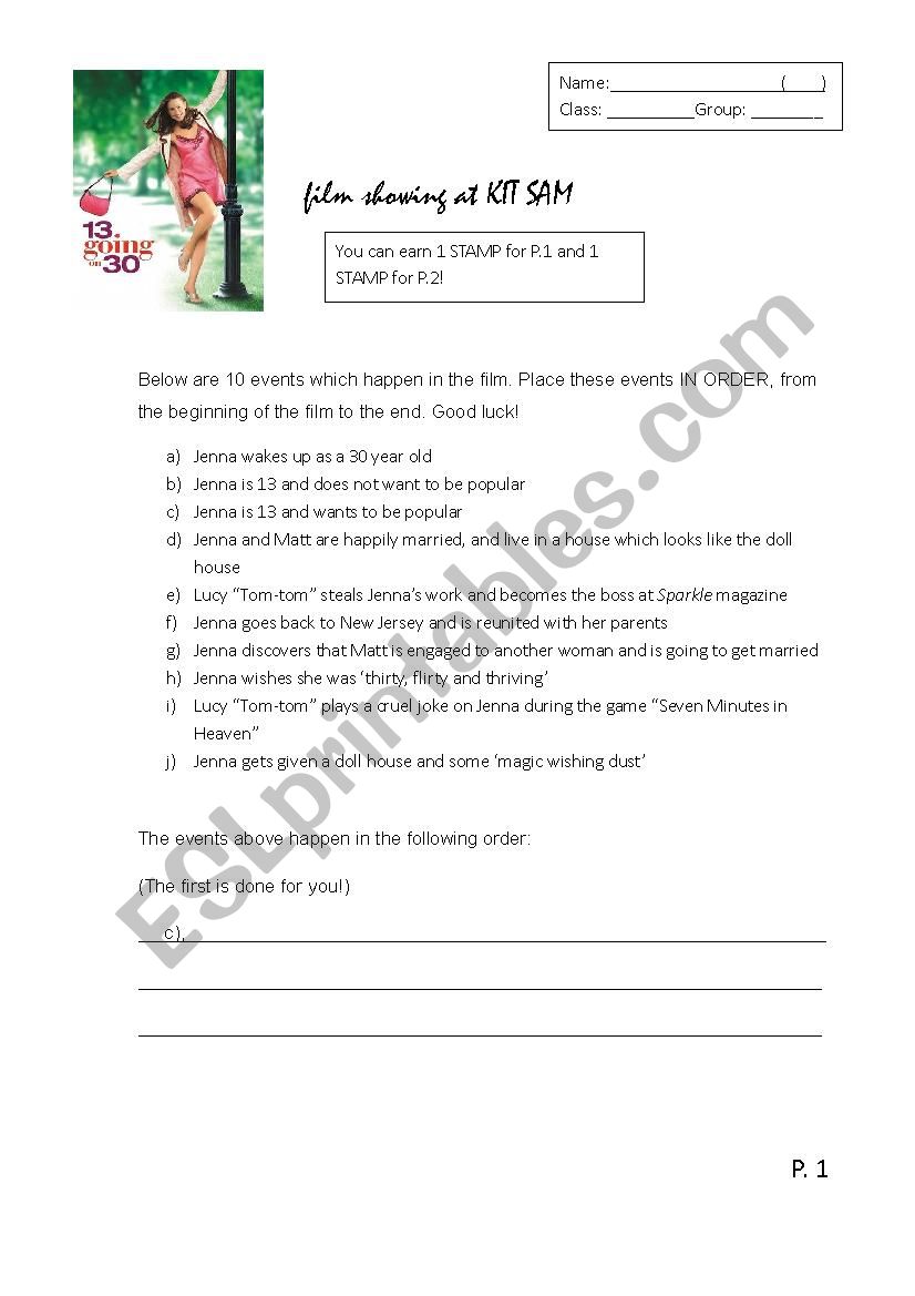 13 going on 30 worksheet