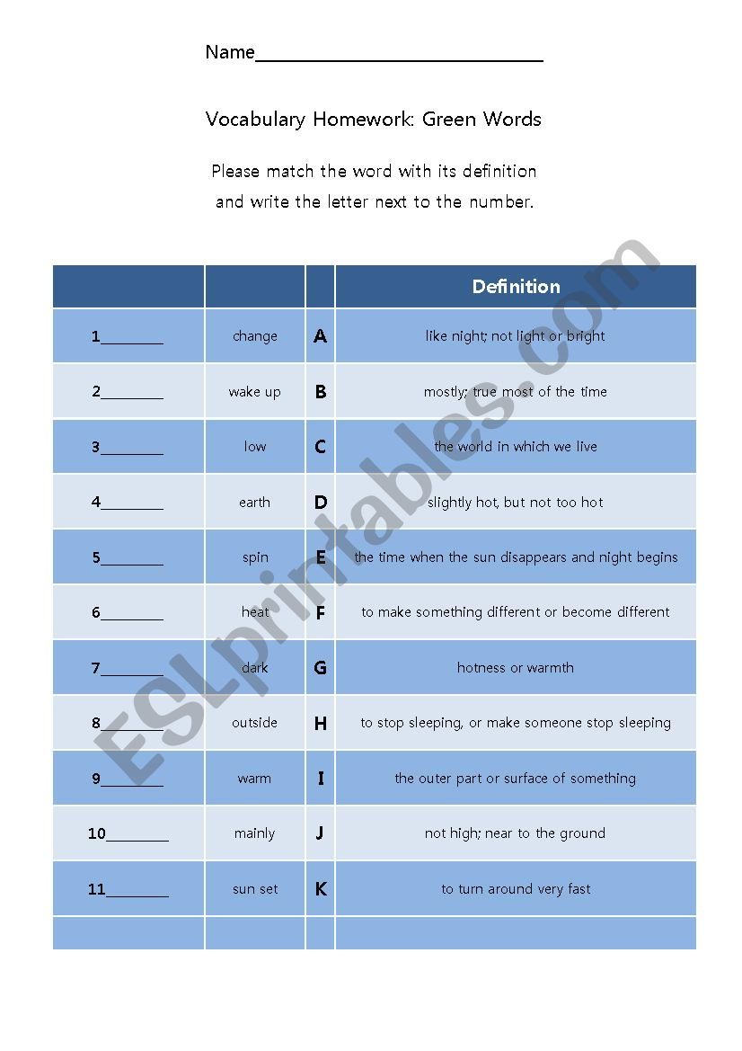 Vocabulary match sheet  worksheet