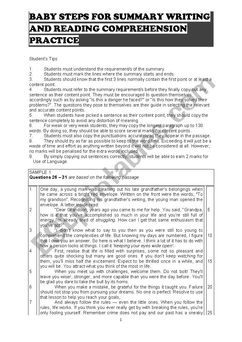 SUMMARY WRITING AND READING COMPREHENSION PRACTICE