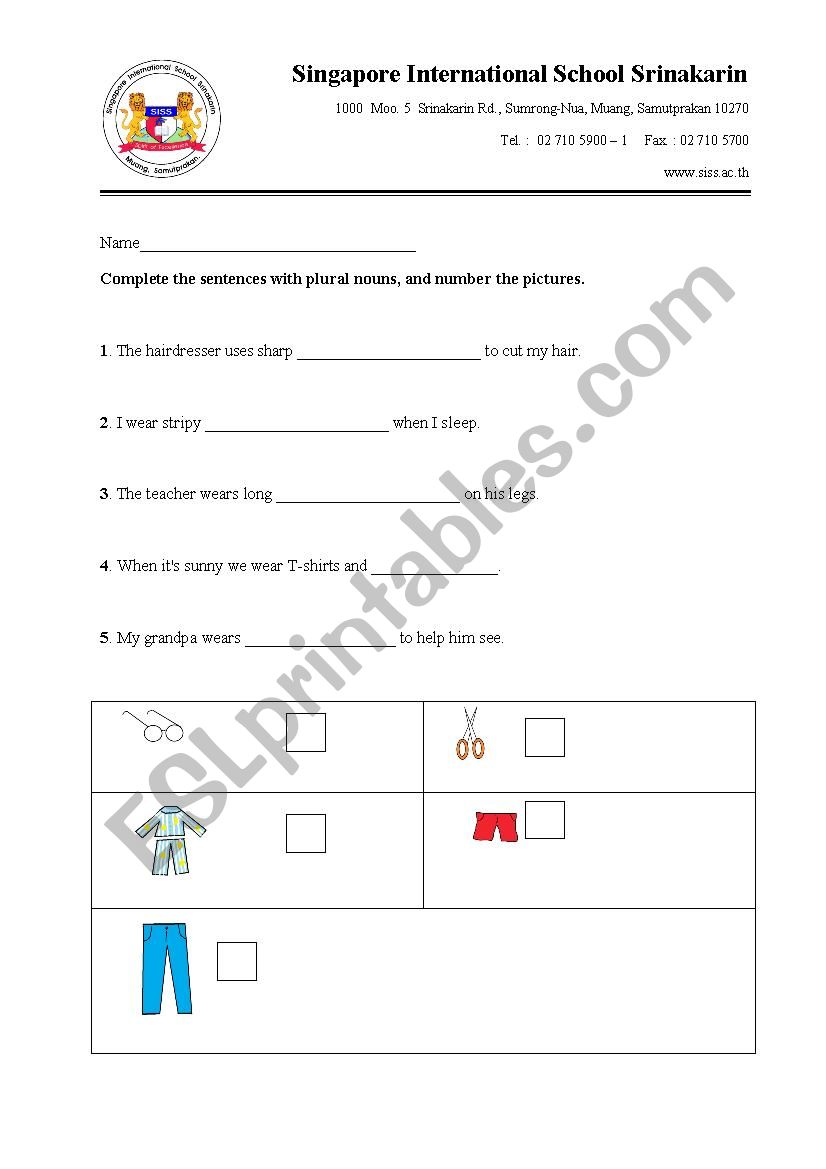 Plural Only Nouns gap fill worksheet