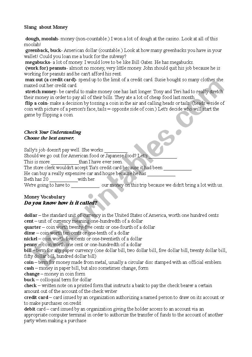 Money Slang worksheet