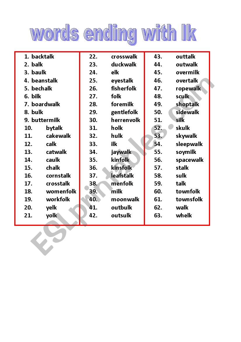 List  words ending with lk worksheet