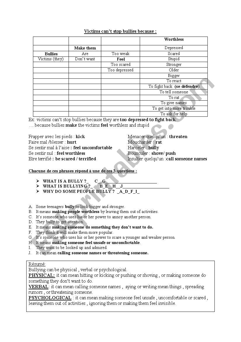 what is bullying? worksheet