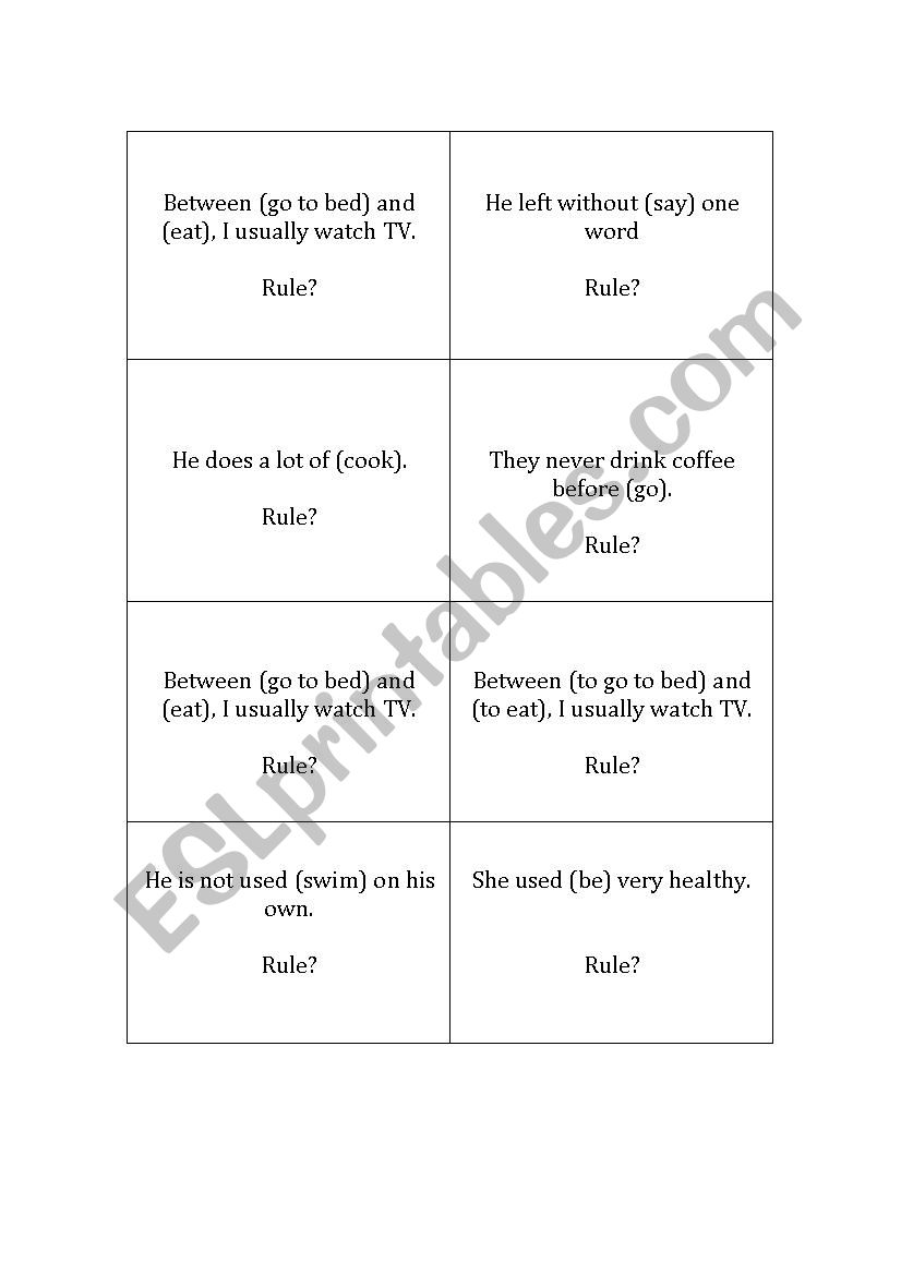 Gerunds cards worksheet