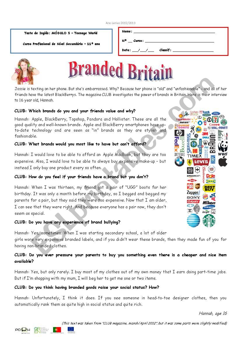 Test - M5 - Branded Britain worksheet