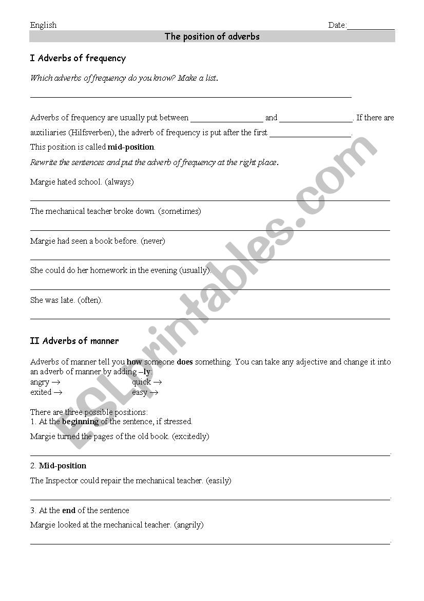 Position of Adverbs worksheet