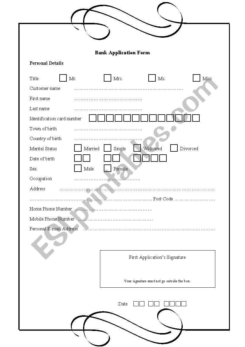 Bank application form worksheet