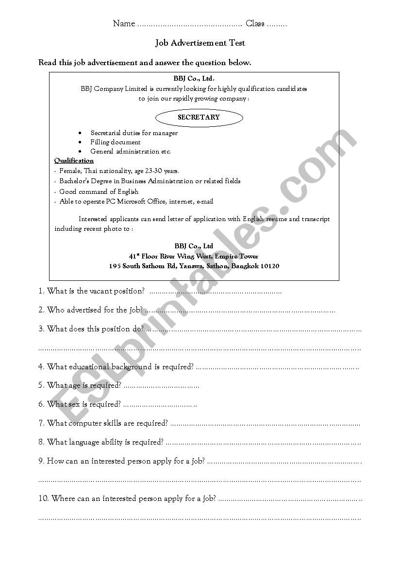 Job advertisement worksheet