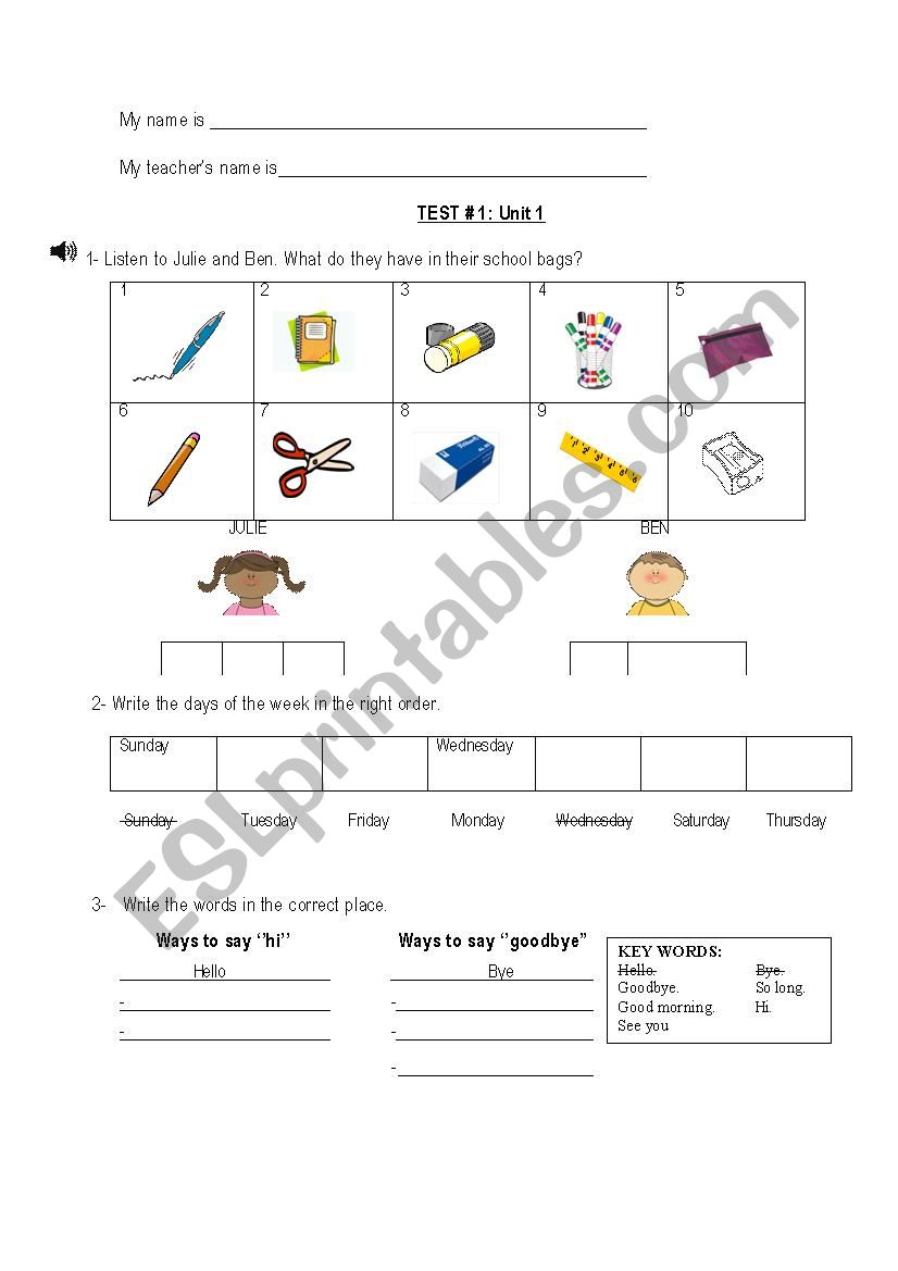 An evaluation that tests if students know instructions, days of the week, greetings and school things