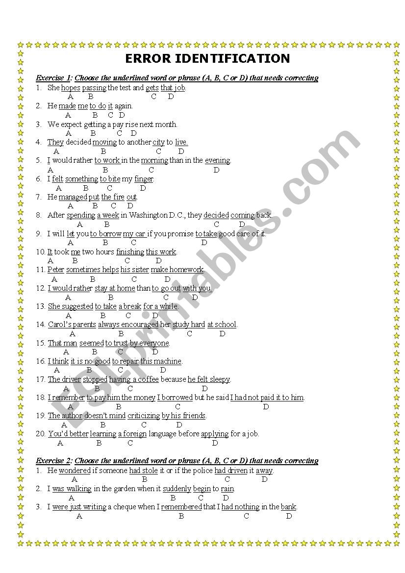 ERROR IDENTIFICATION worksheet