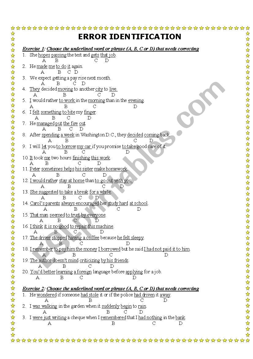 ERROR IDENTIFICATION worksheet