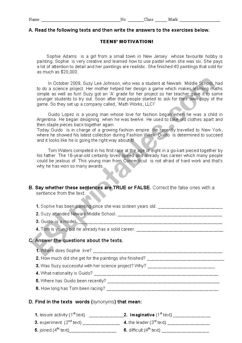 Teenagers worksheet