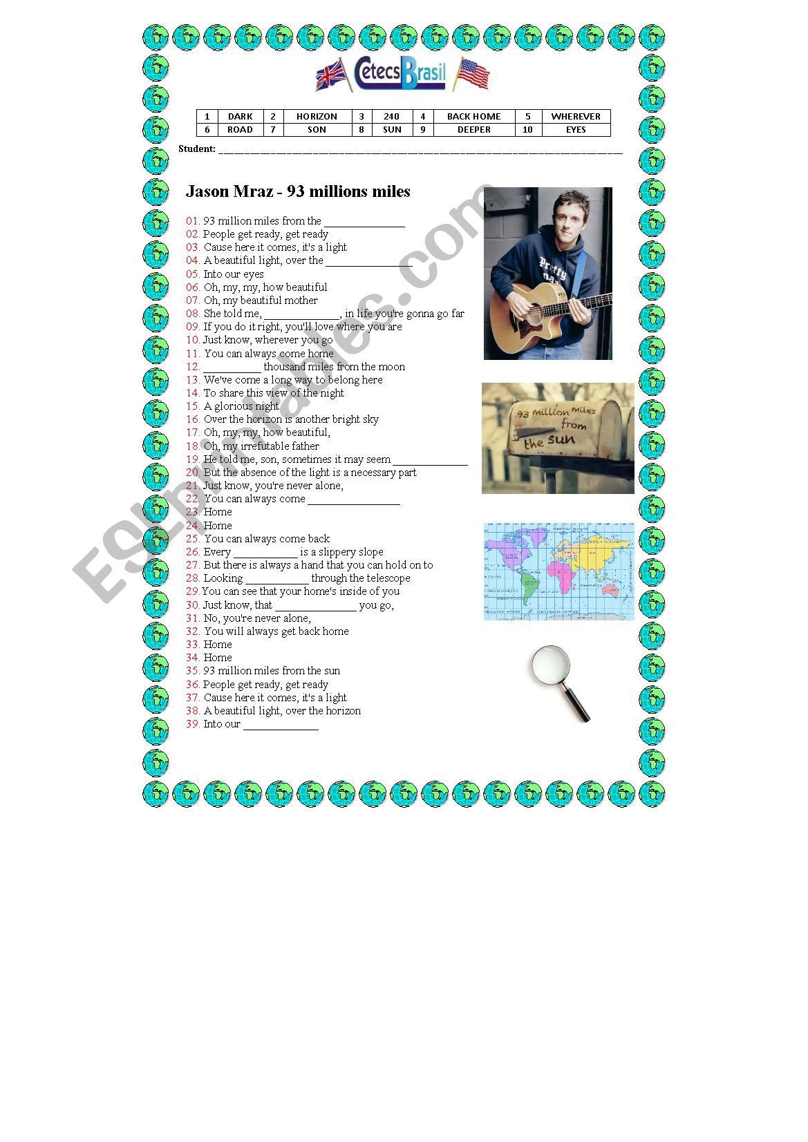 93 million miles worksheet