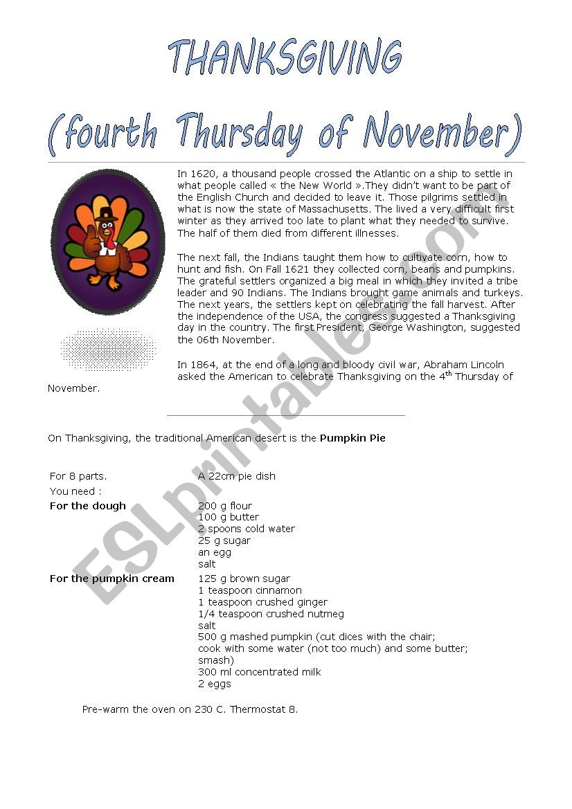 Thanksgiving + recipe worksheet