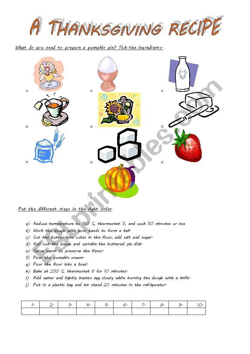 Pumpkin pie recipe activities worksheet