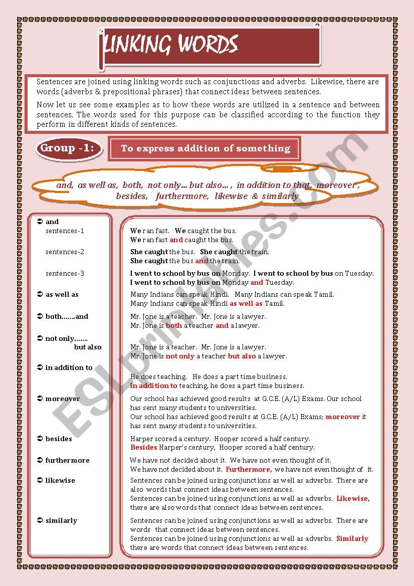 LINKING WORDS (Conjunctions + Adverbs) Page - 01