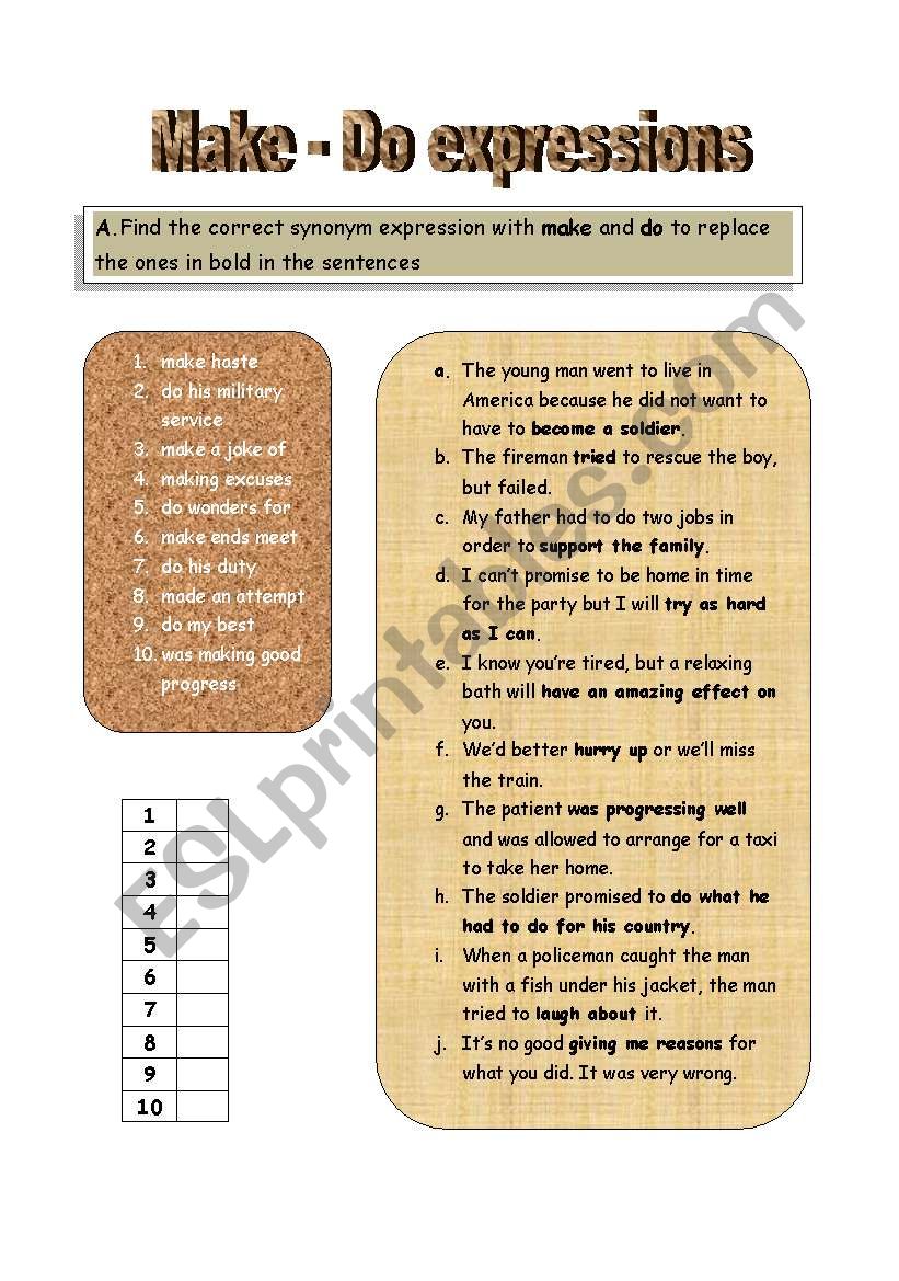 Make-Do expressions worksheet