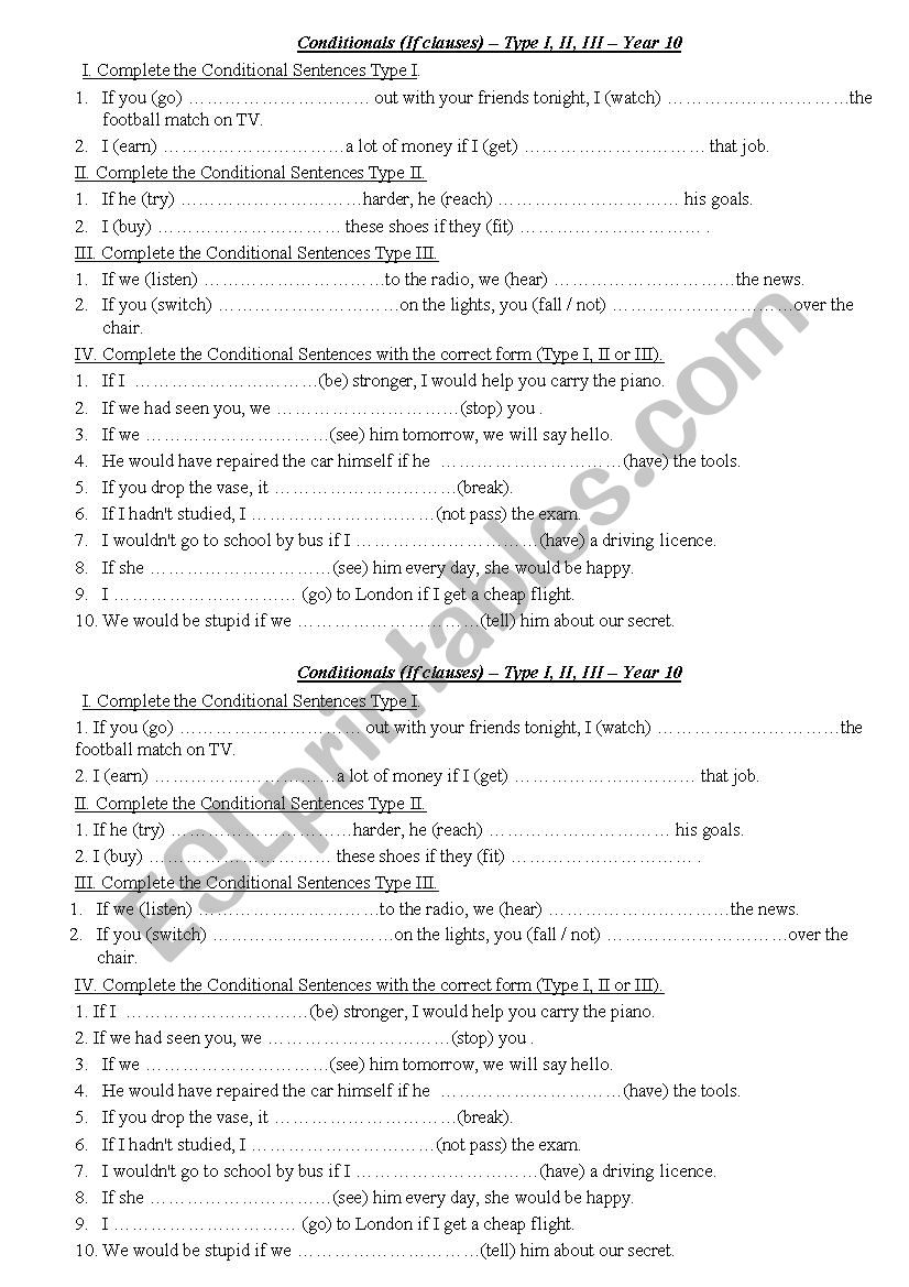 Conditionals Type I, II, II worksheet