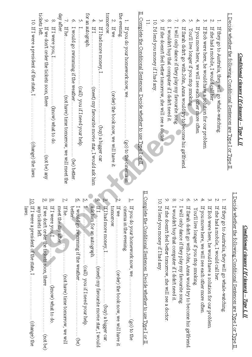 If clauses Type I, II worksheet