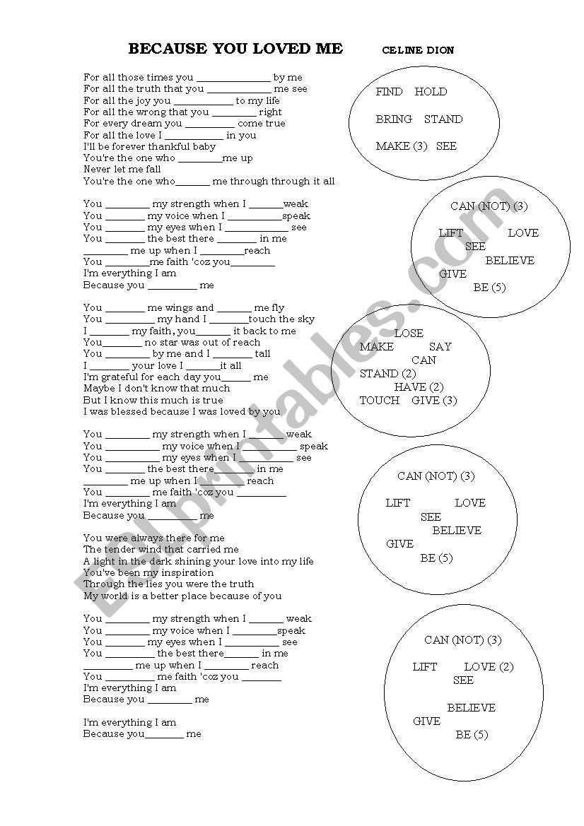 SONG: BECAUSE YOU LOVED ME worksheet