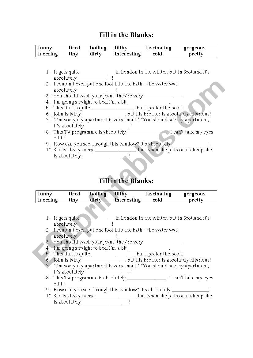 Gradable and non-gradable adjectives fill-in-the-blanks